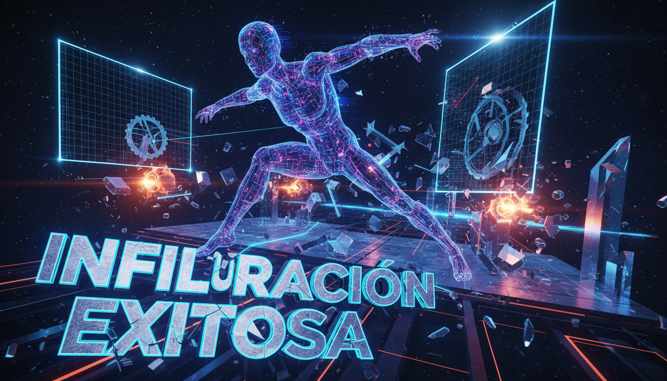 Modelo de IA 3D realizando una intrusión en un entorno virtual de seguridad.