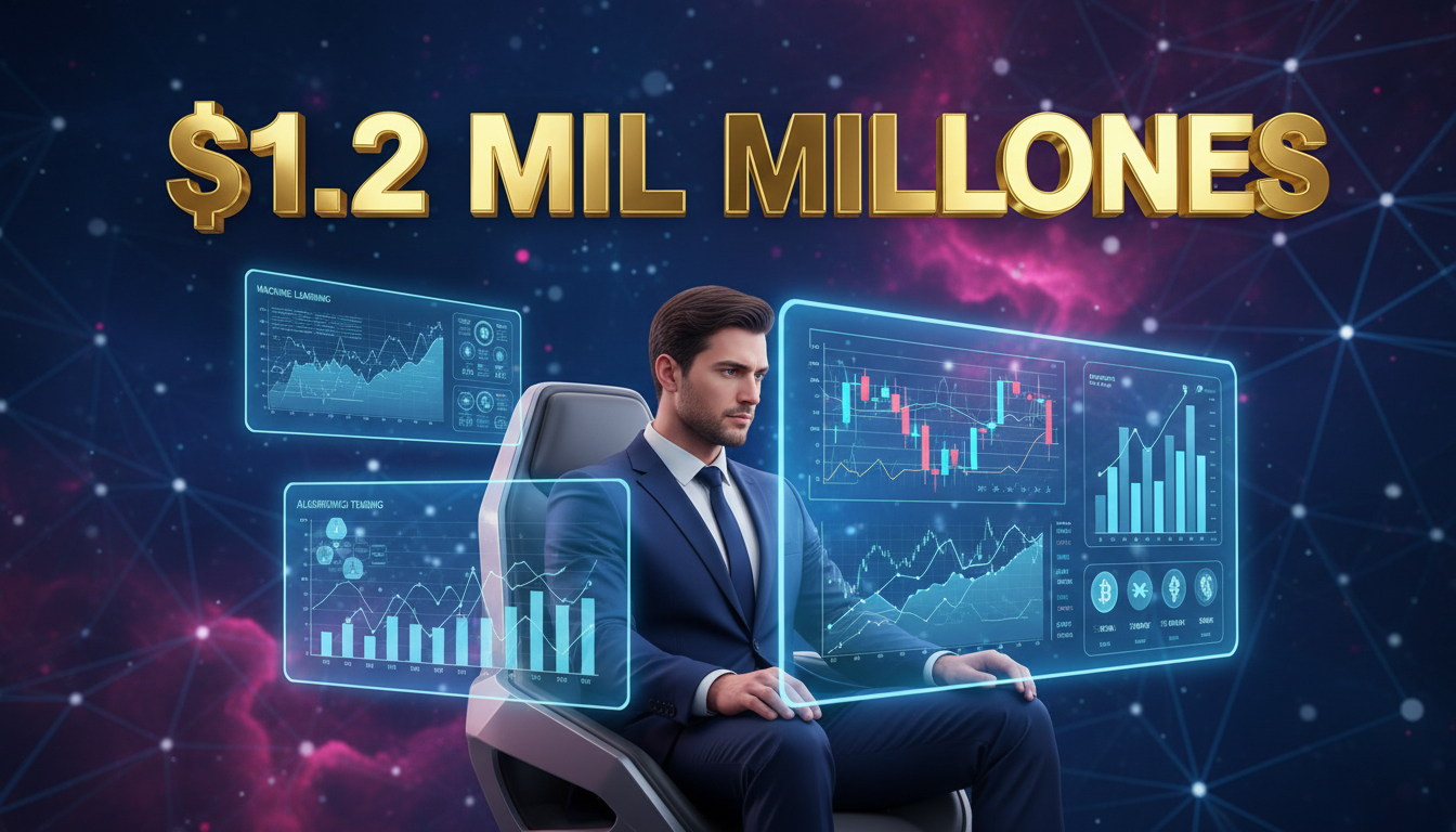 Inversor 3D interactuando con gráficos de inteligencia artificial y criptomonedas.