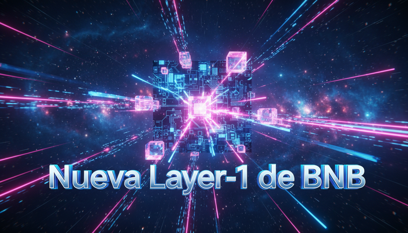 Escena 3D futurista de blockchain construida para agentes de AI y transacciones rápidas.