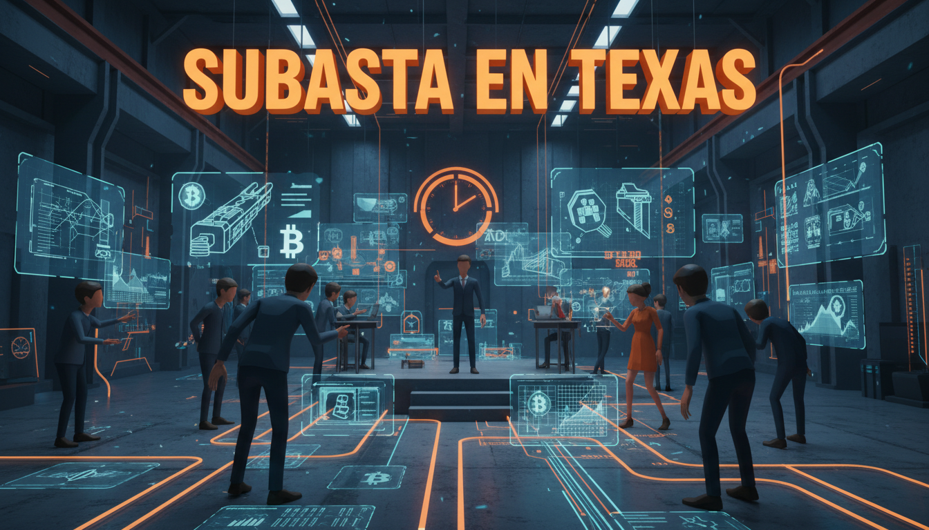 Personas estilizadas 3D en una subasta de minería, representando la venta de activos de Poolin.