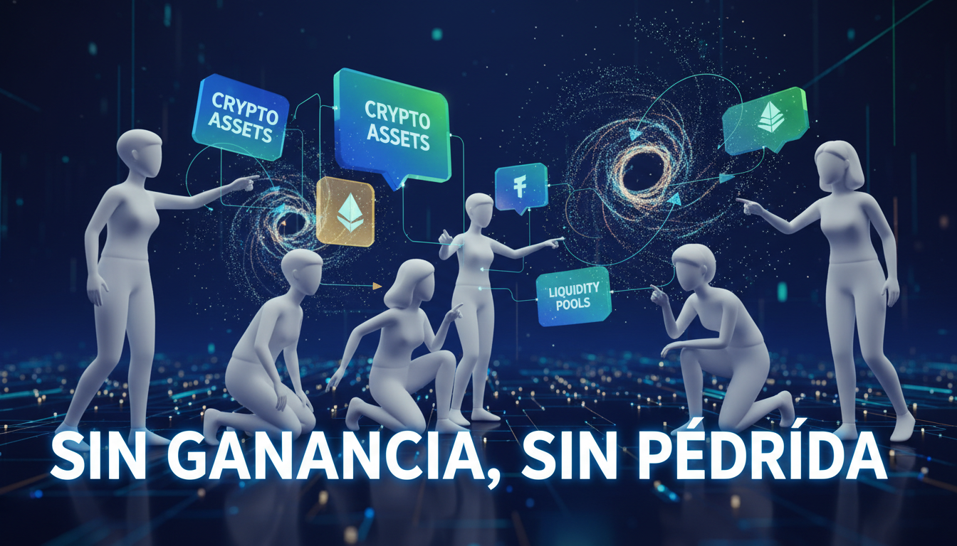 Personas estilizadas 3D interactuando con gráficos sobre pools de liquidez y DeFi.