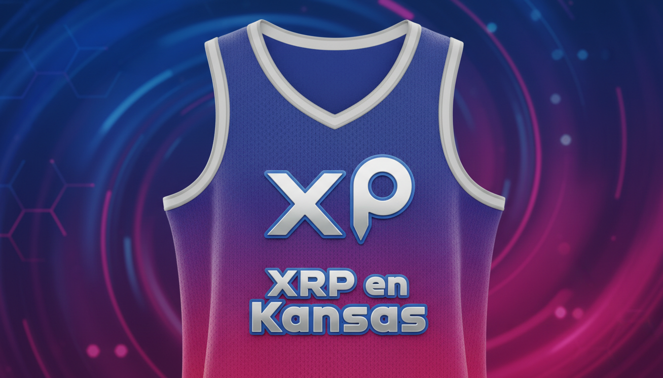 Logo 3D de XRP en camiseta de baloncesto de Kansas sobre fondo dinámico.