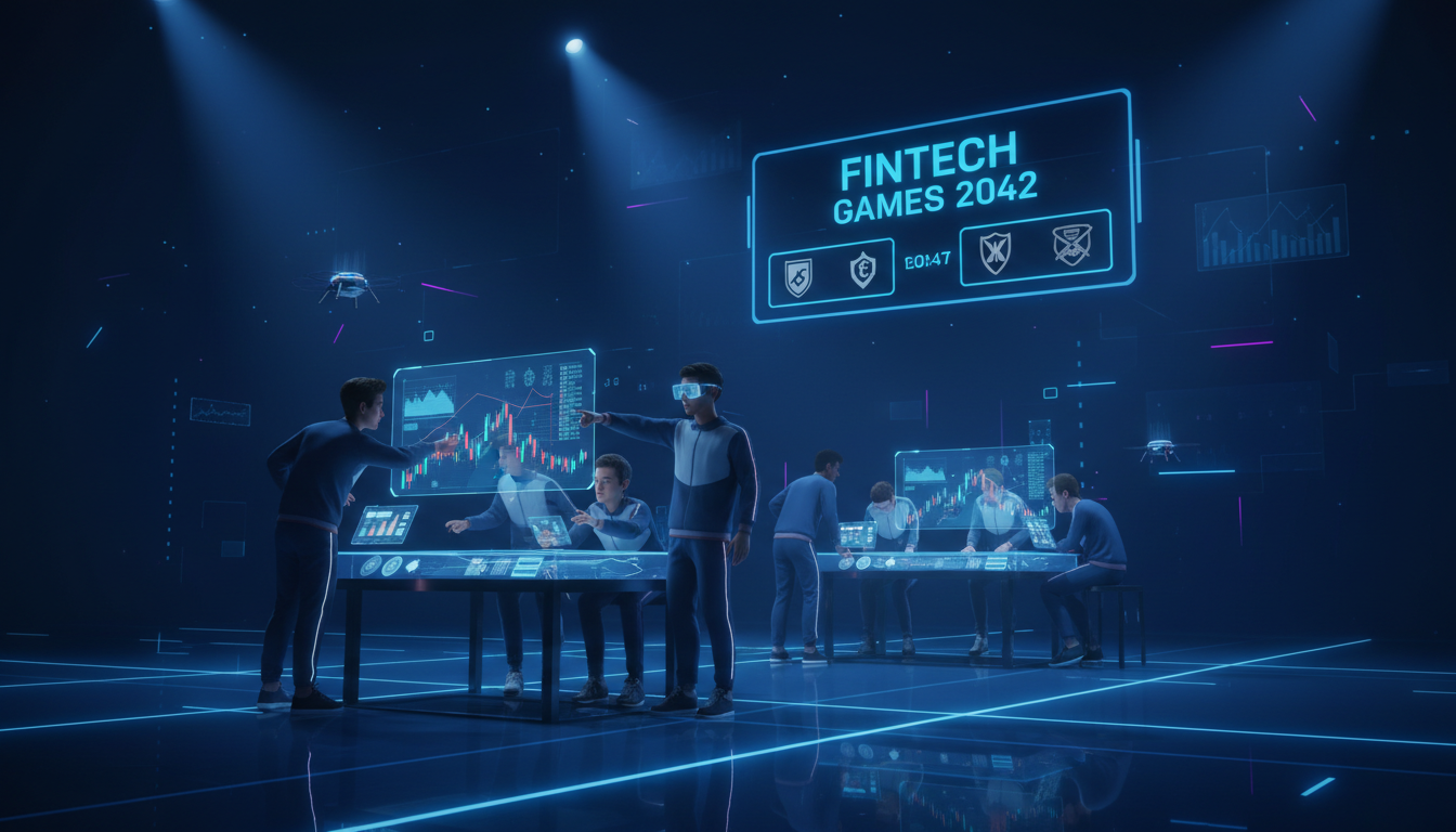 Estudiantes 3D interactuando con tecnología financiera en un evento deportivo de Kansas.