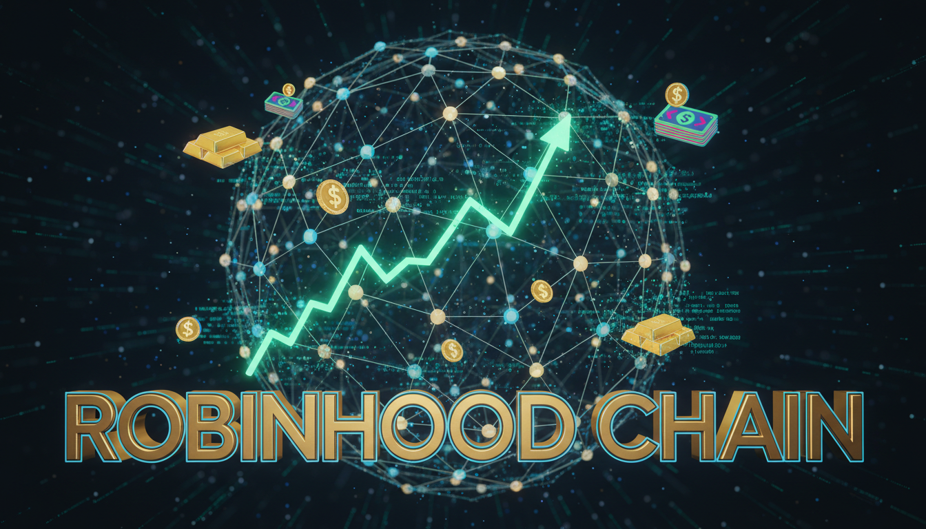 Red blockchain con activos tokenizados y gráfico de crecimiento sobre fondo azul.