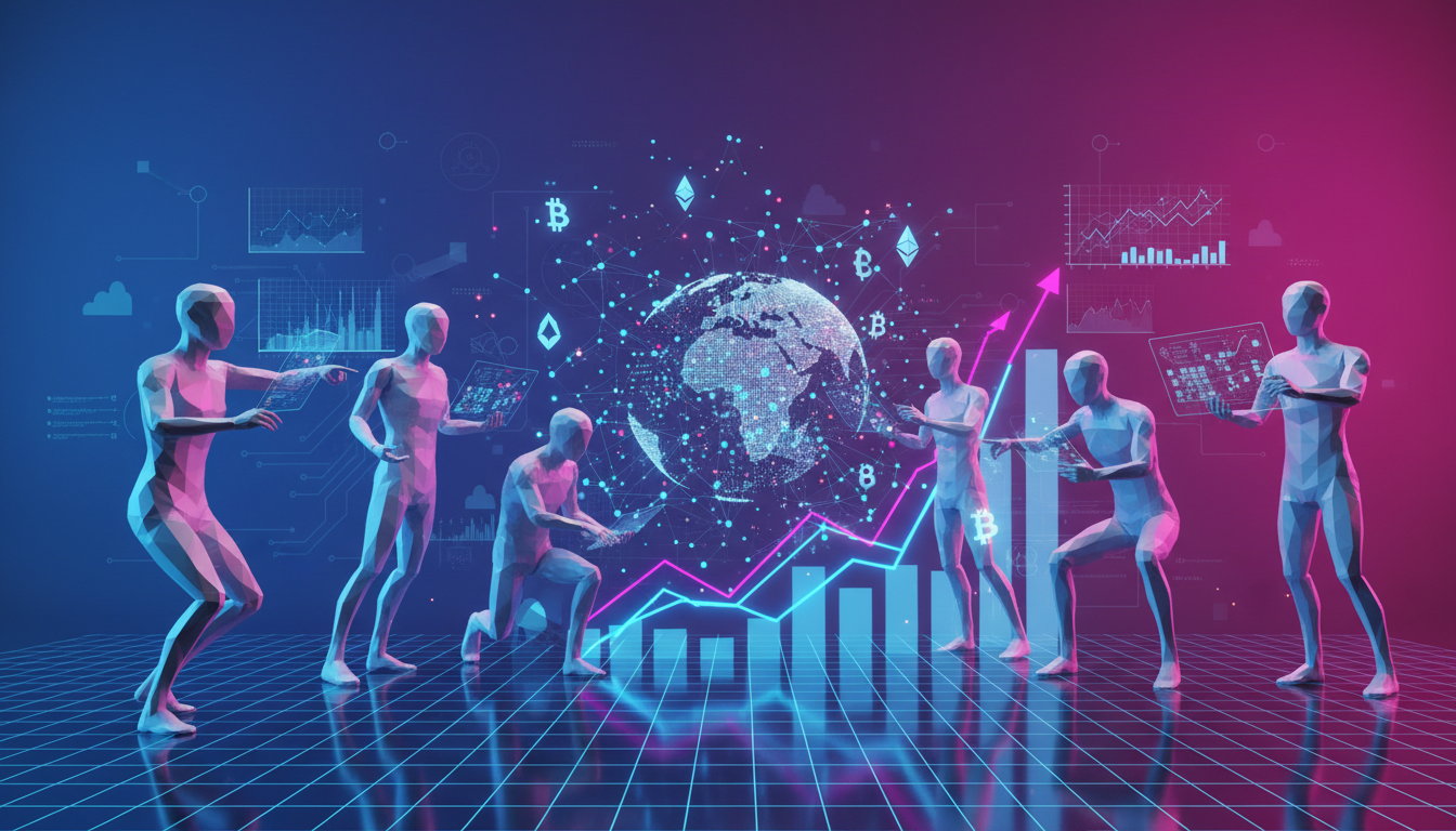 Grupo de personas estilizadas interactuando con gráficos de criptomonedas en un entorno digital.