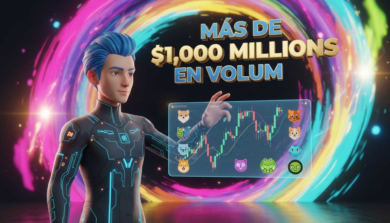 Trader estilizado interactuando con gráficos de memecoins en fondo colorido.