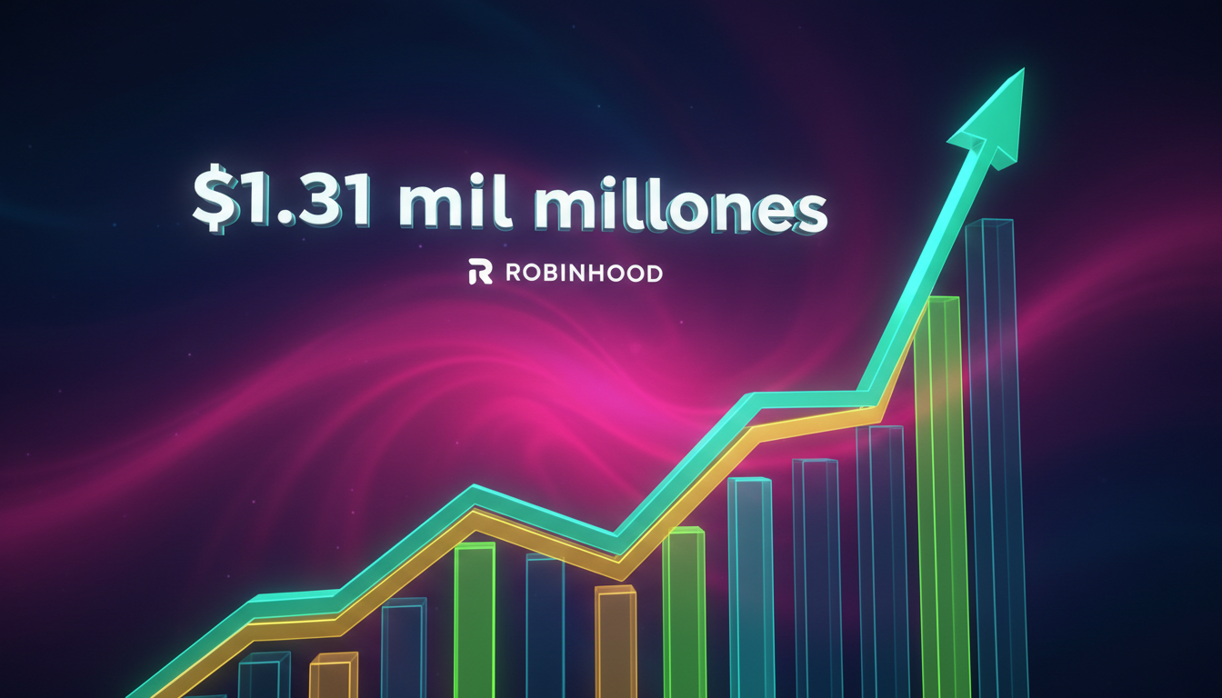 Gráfico 3D de ingresos de Robinhood mostrando aumento en fondo azul profundo.
