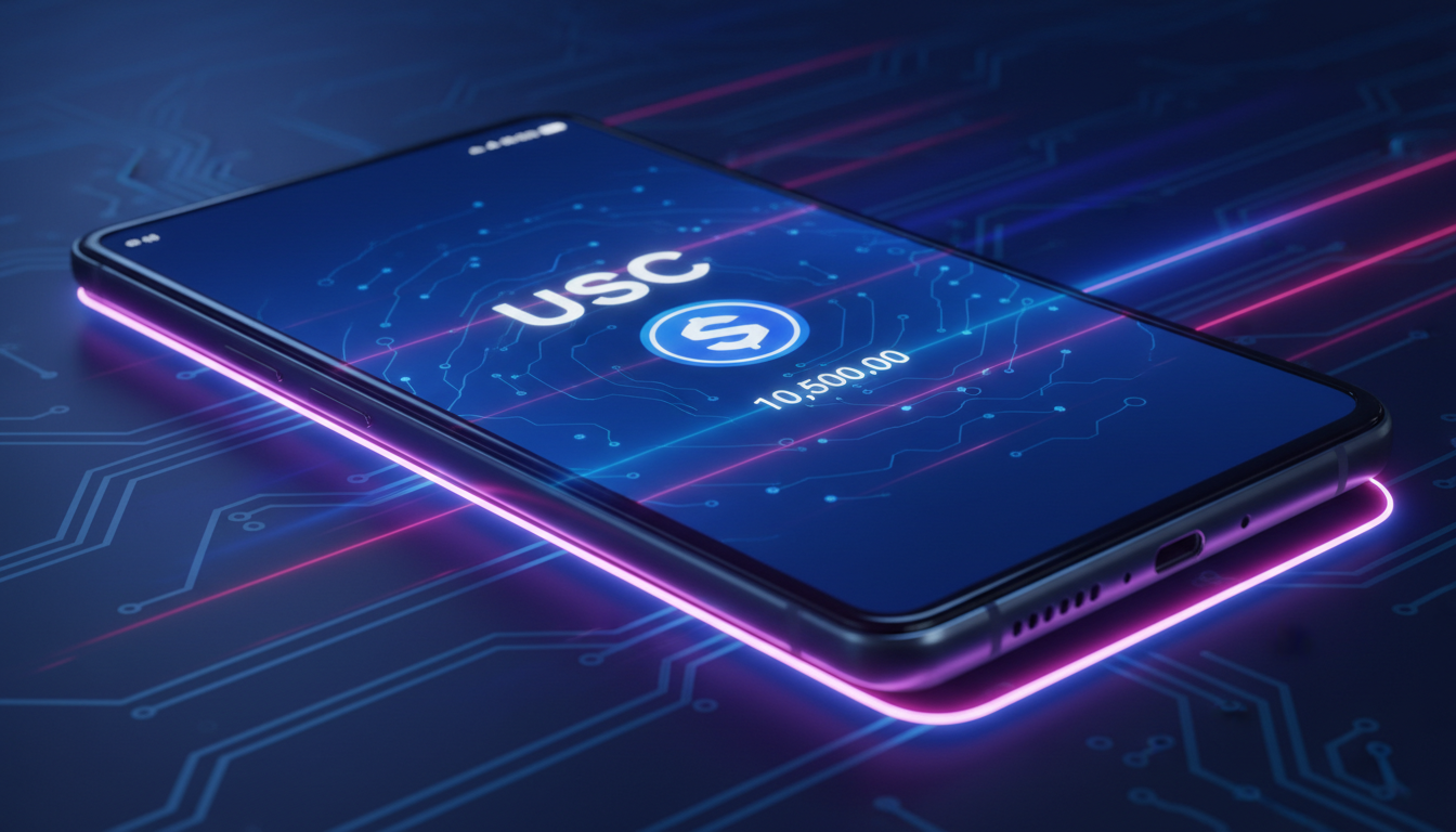 Smartphone Samsung mostrando stablecoins en billetera digital sobre fondo azul.