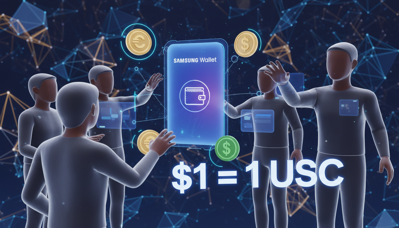 Usuarios estilizados usando Samsung Wallet para transacciones de stablecoins en un entorno digital.