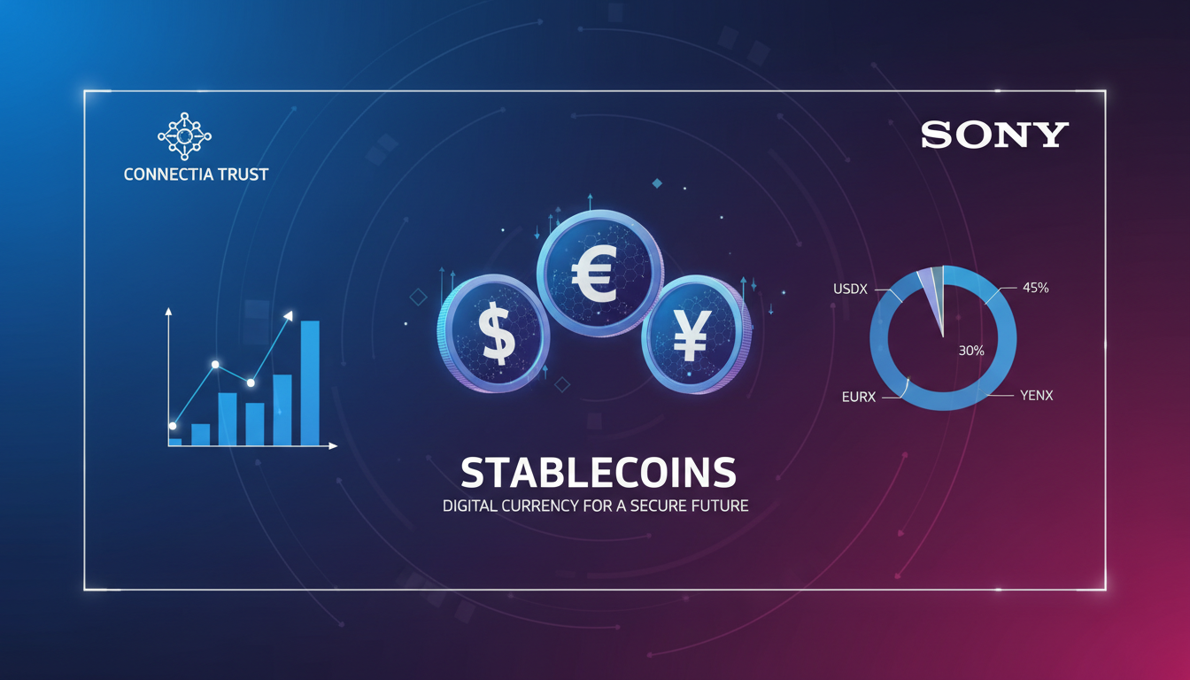 Presentación de Connectia Trust de Sony con gráficos de stablecoins en fondo azul.