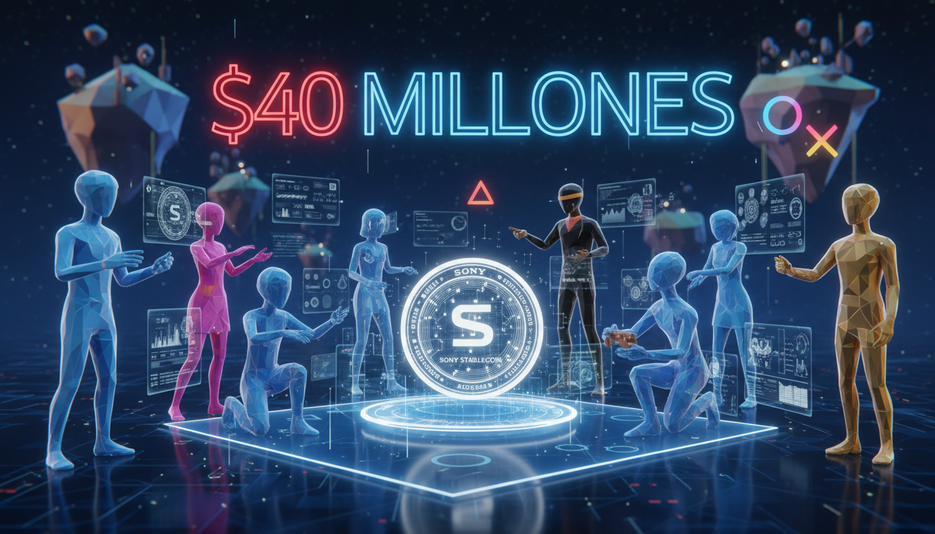 Usuarios estilizados interactuando con la stablecoin de Sony en PlayStation sobre fondo fucsia.