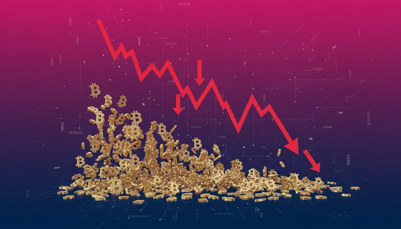 Venta masiva de Bitcoin con gráfico bajista en un fondo azul y fucsia.