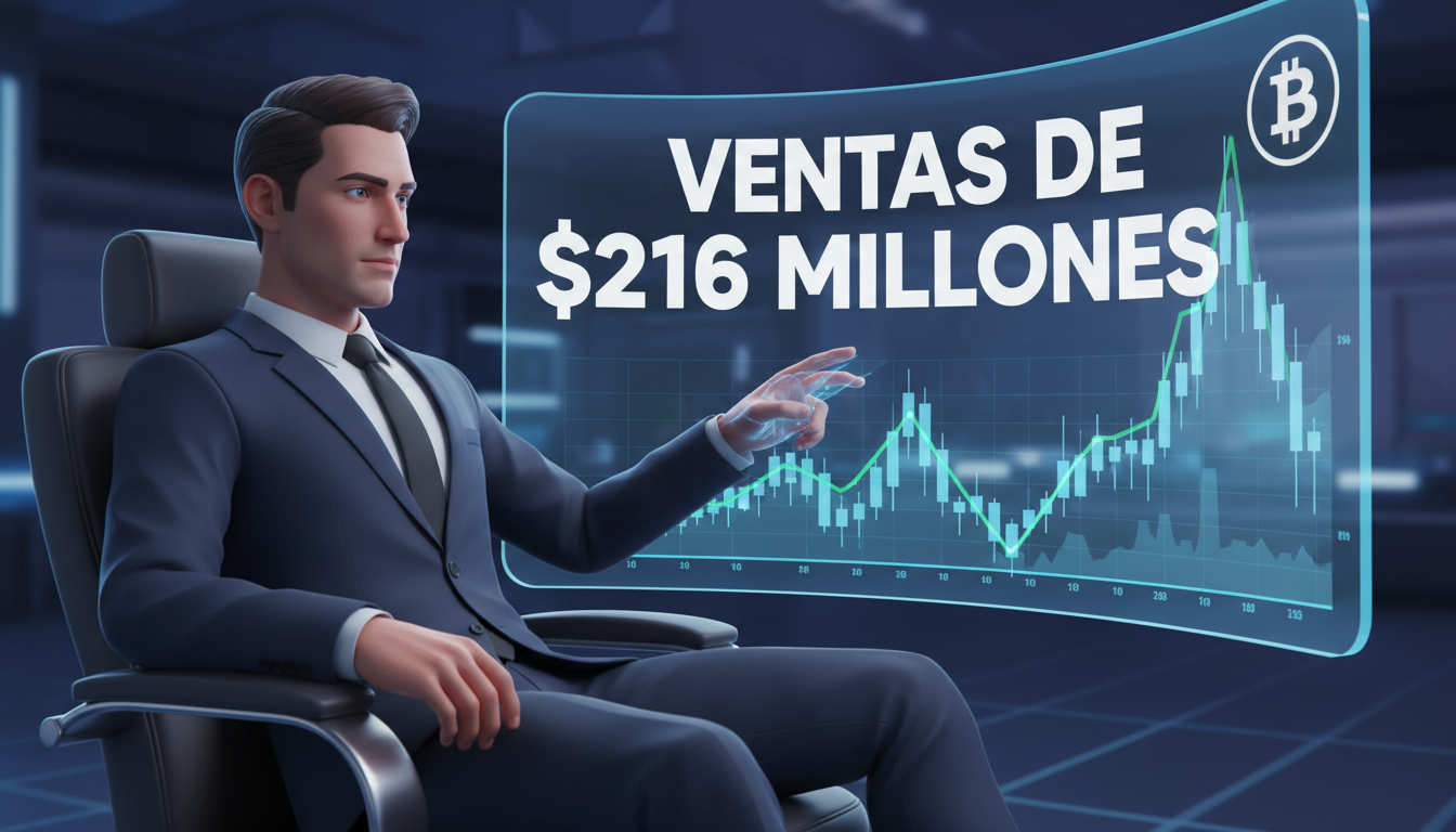 Analista 3D revisando gráficos de Bitcoin con texto grande sobre ventas millonarias.