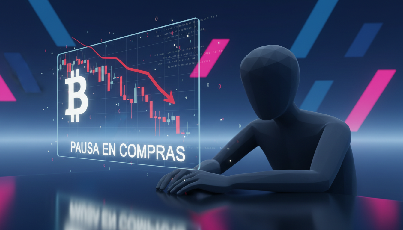 Personaje observando una caída en el gráfico de Bitcoin durante una reunión tensa.
