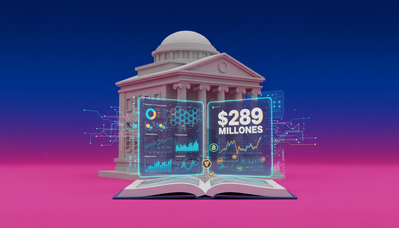 Banco tradicional mostrando un libro mayor blockchain con gráficos de tokens.