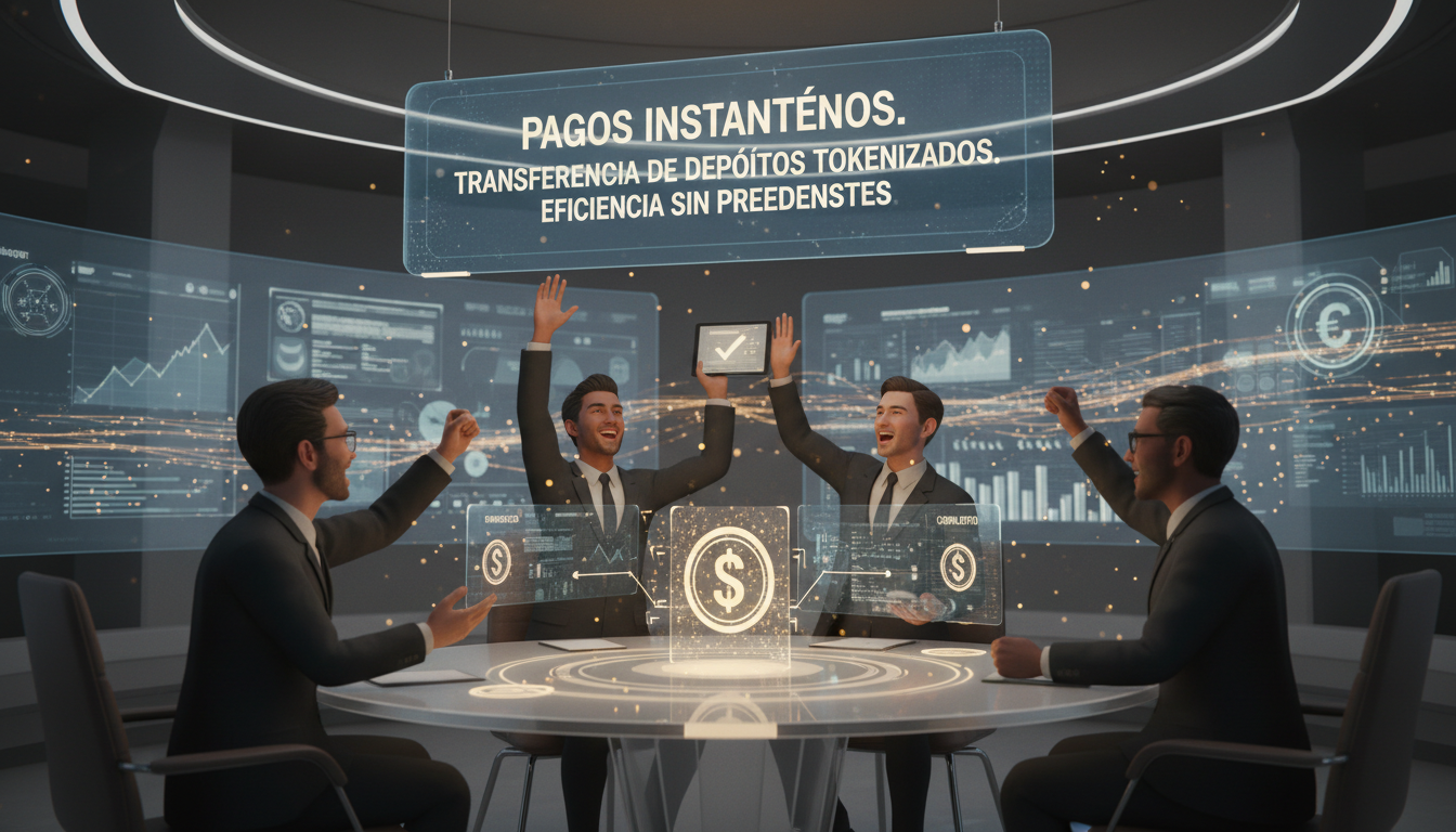 Grupo de banqueros disfrutando la transferencia instantánea de depósitos tokenizados.