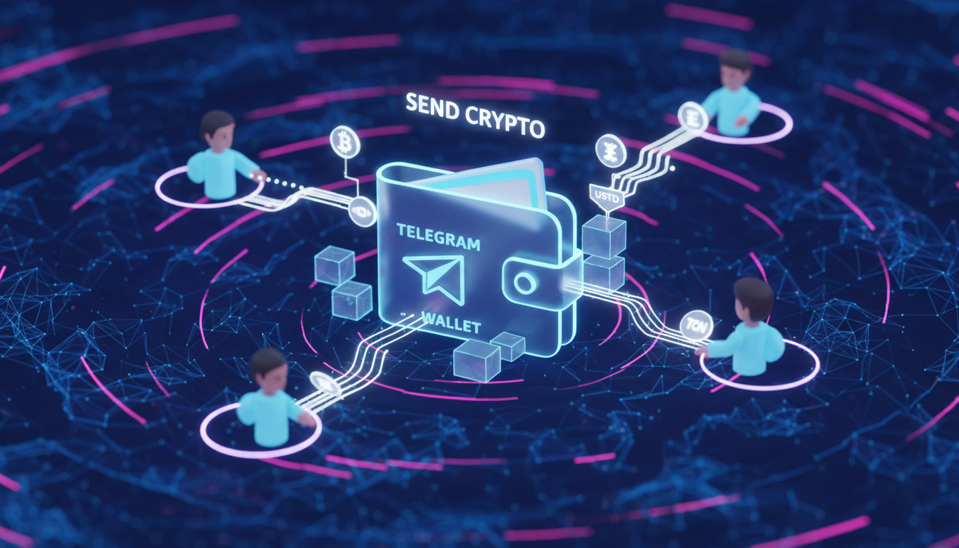 Billetera cripto de Telegram con usuarios interactuando en un fondo vibrante.