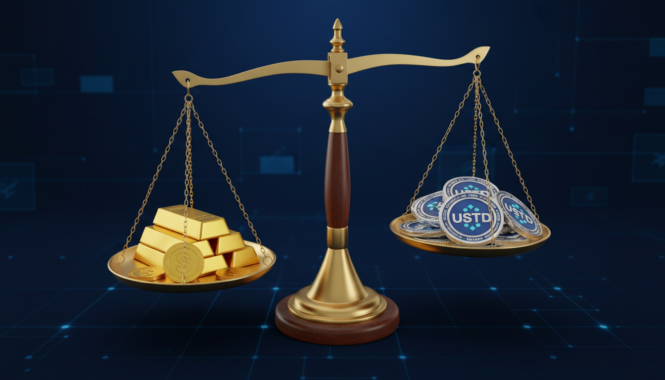Balanza 3D mostrando oro y monedas de USDT en equilibrio sobre fondo azul.