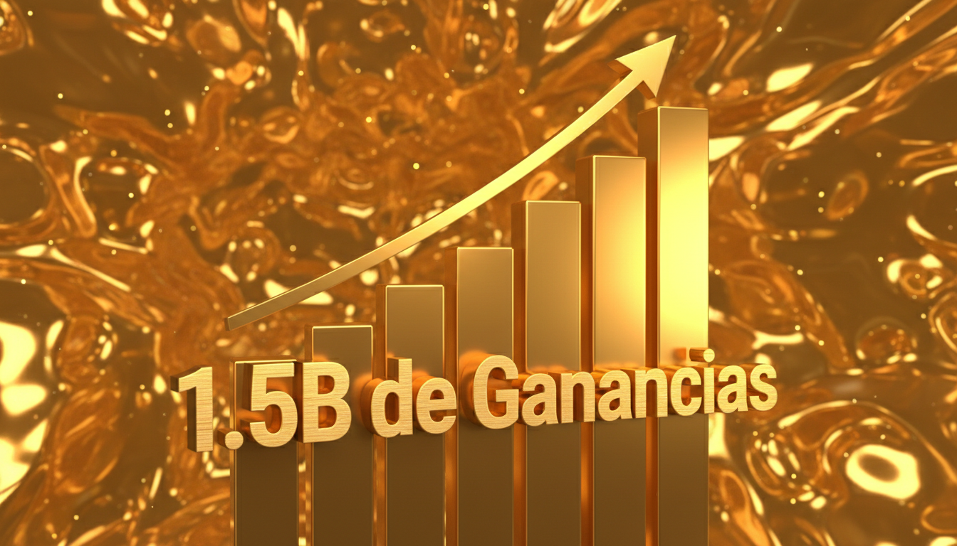 Gráfico 3D ascendente con texto '1.5B de Ganancias' en español sobre fondo de oro.
