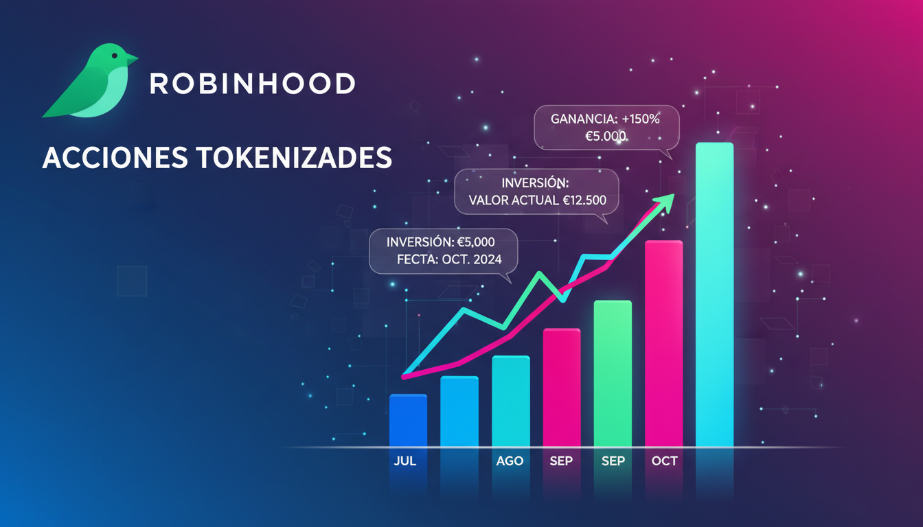 Gráfico 3D mostrando el aumento de acciones tokenizadas en Robinhood Chain sobre fondo azul profundo.