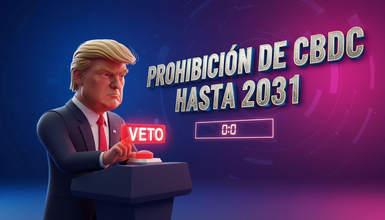 Trump presionando el botón de veto sobre la prohibición de CBDC con fondo colorido.