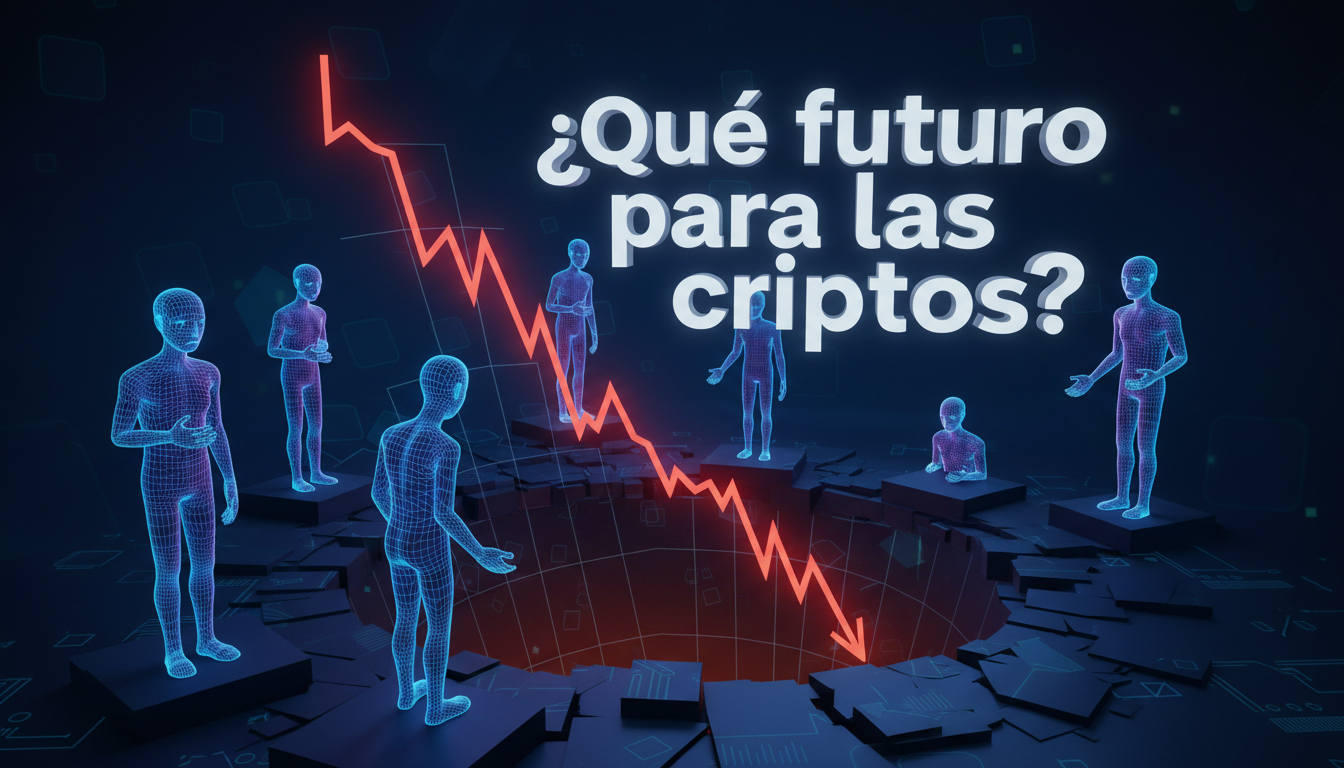 Gráfico de criptomonedas en caída con personas preocupadas observando el futuro del mercado.