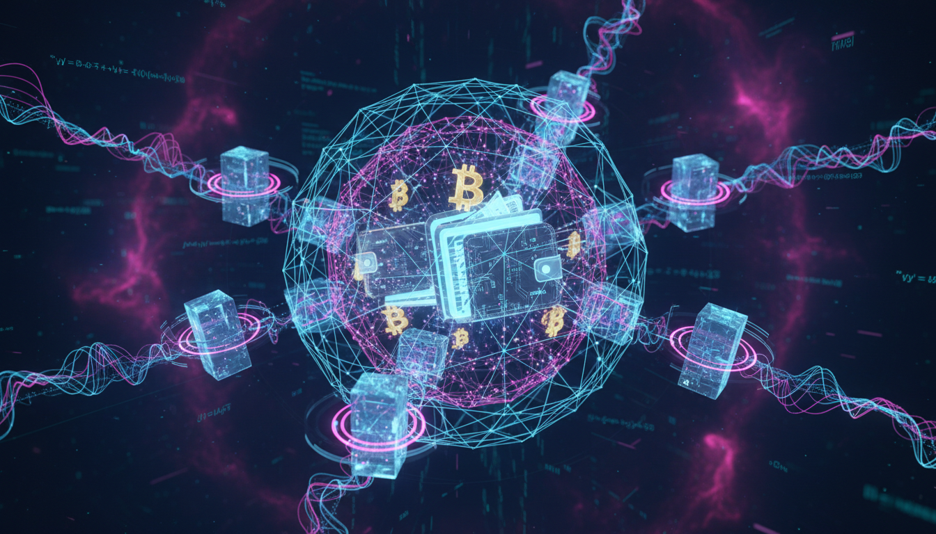 Ilustración 3D de un sistema cuántico protegiendo wallets de Bitcoin sobre fondo azul.