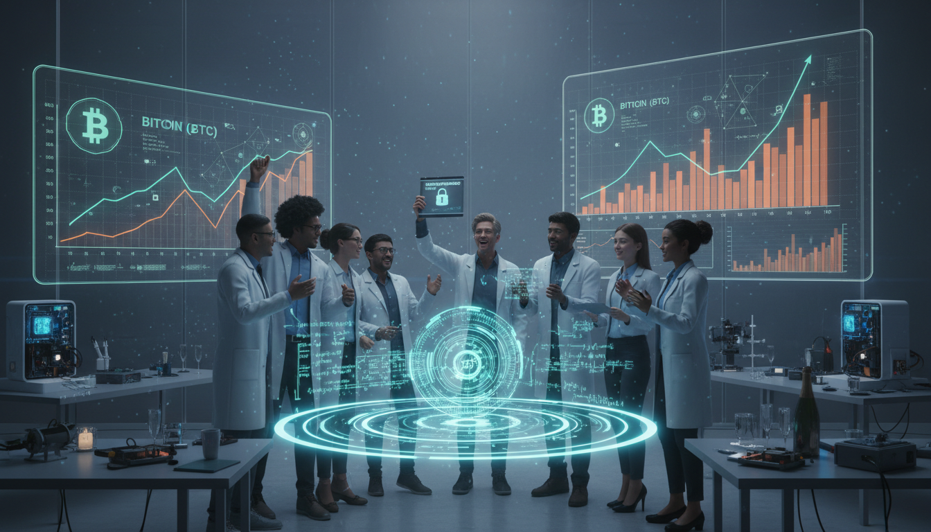 Investigadores 3D celebrando un avance en criptografía cuántica con gráficos de Bitcoin.