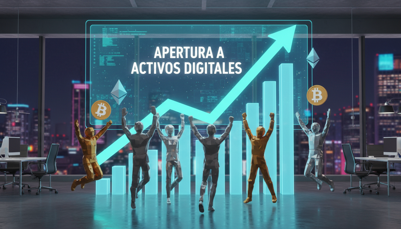 Gráfico ascendente de criptomonedas con personas celebrando en oficina