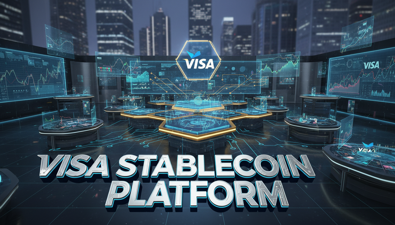 Plataforma de stablecoins de Visa mostrando gráficos y tecnología financiera moderna.