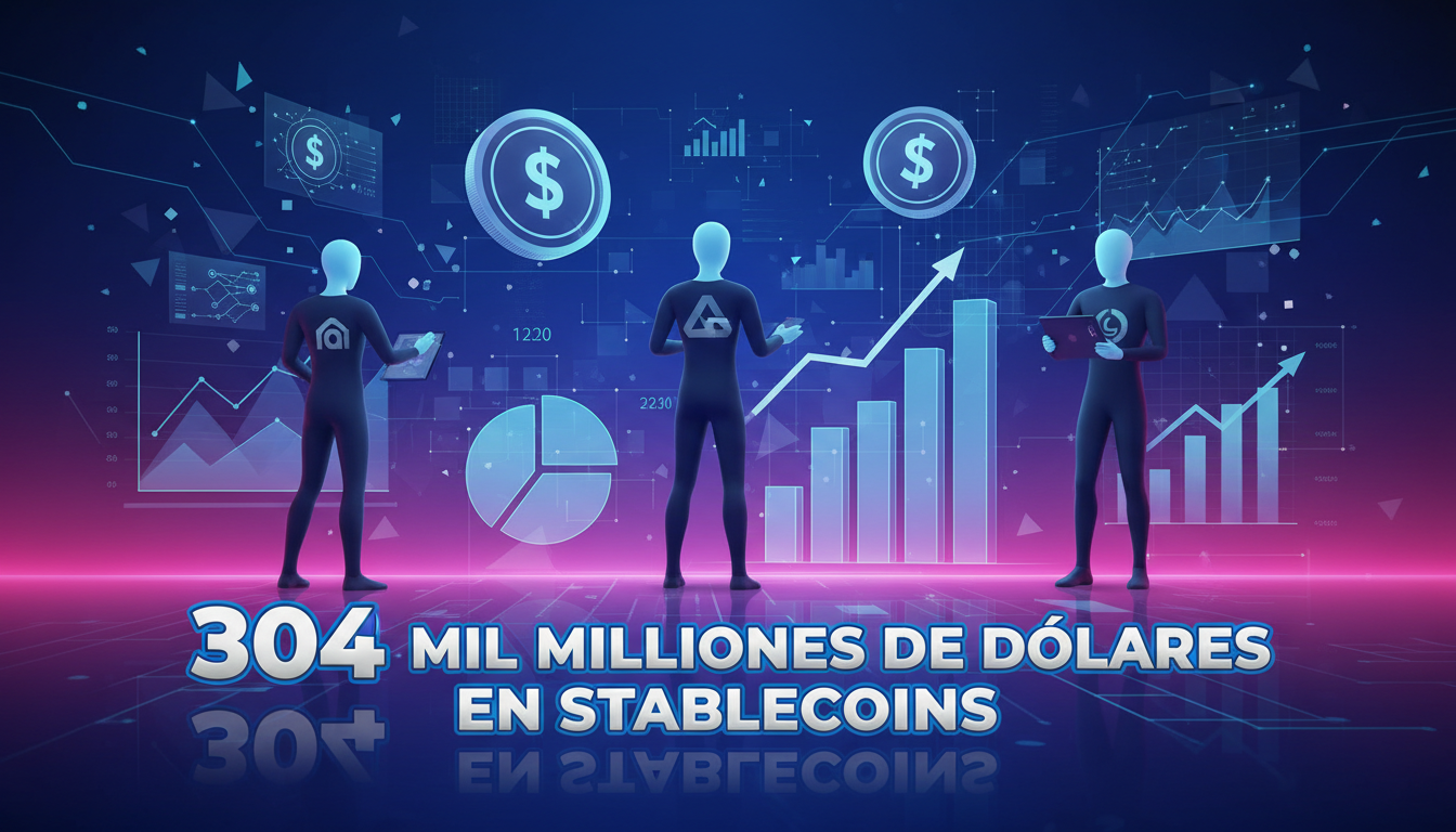 Instituciones financieras adoptando stablecoins en un entorno digital colorido y moderno.