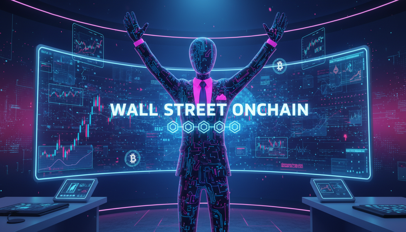 Personaje 3D en sala de trading destacando el movimiento institucional hacia lo onchain.