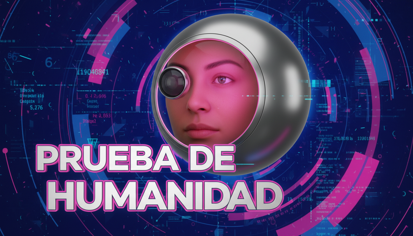 Dispositivo Orb escaneando el iris de un usuario en fondo futurista azul y fucsia.