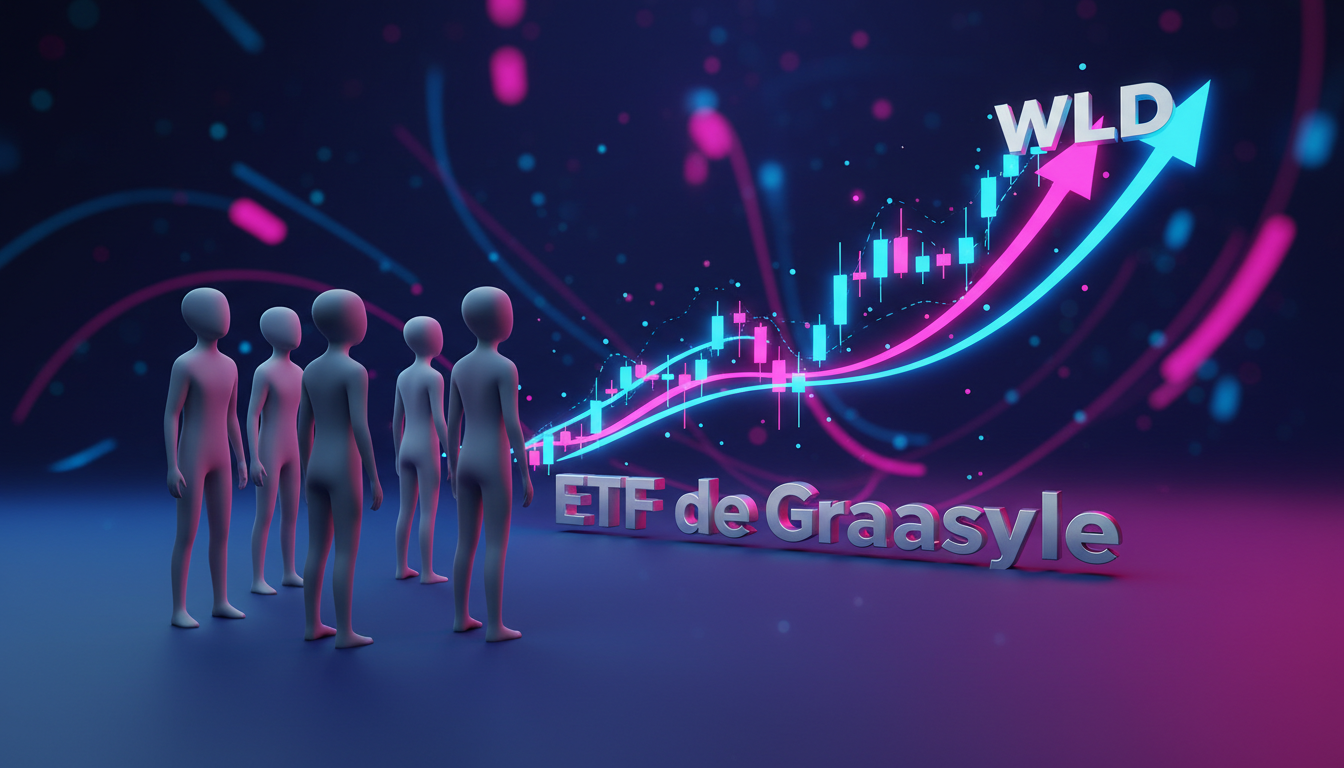 Grupo de personas estilizadas observando un gráfico de WLD en crecimiento sobre fondo fucsia.