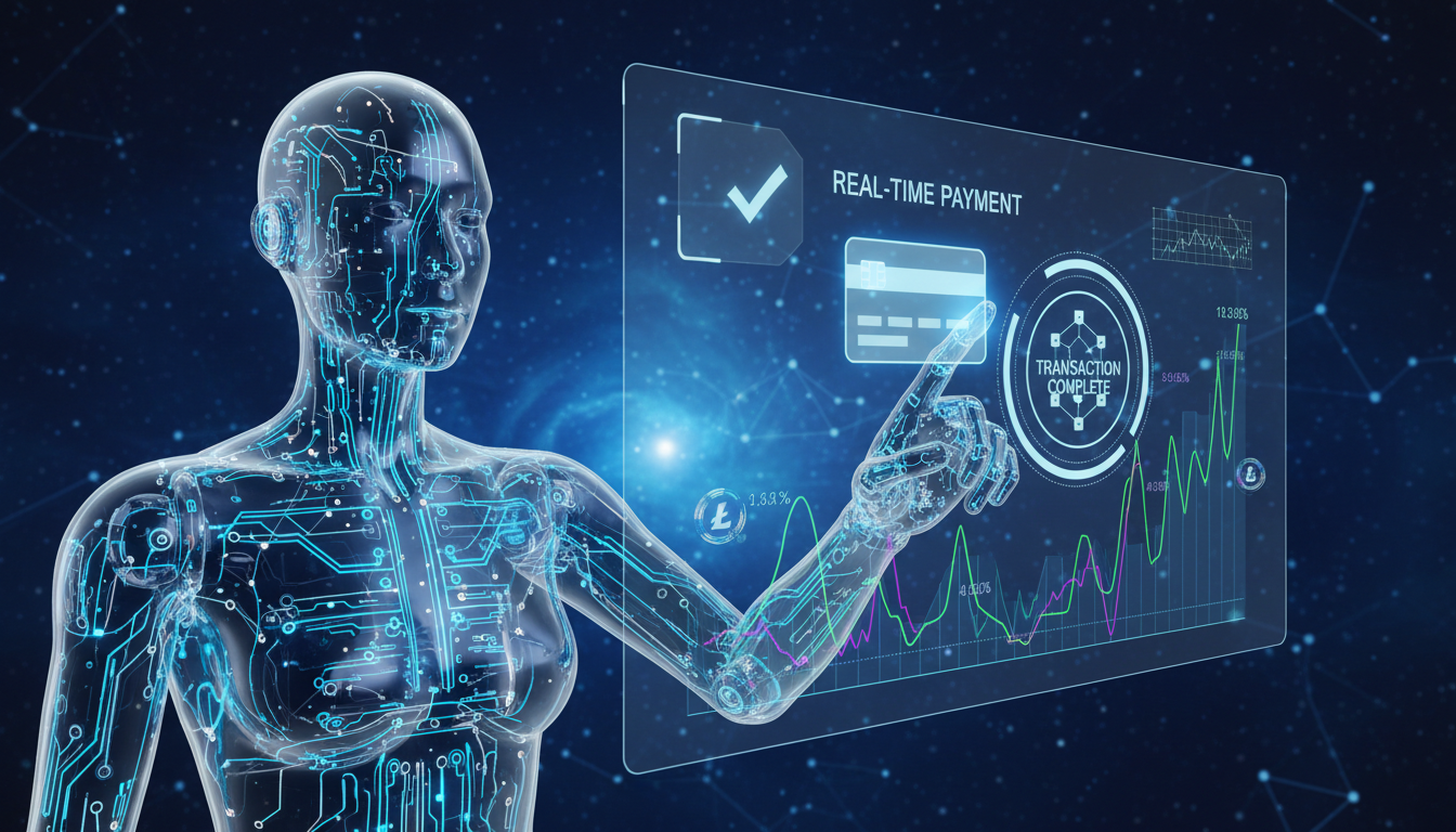 Asistente de IA 3D realizando un pago en criptomonedas sobre fondo azul profundo.