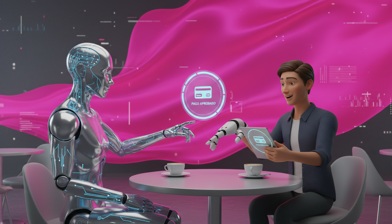 Agente de IA 3D interactuando con un cliente en una cafetería, mostrando pagos autónomos.