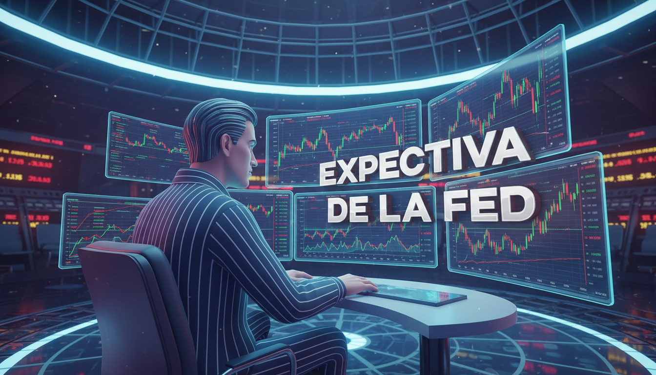Trader 3D analizando gráficos en un ambiente de mercado tenso con colores vibrantes.