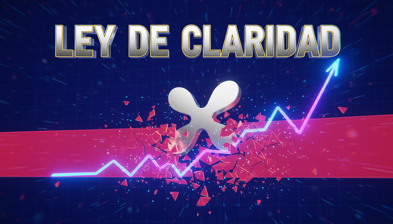 Gráfico 3D de XRP rompiendo la resistencia con el Clarity Act en fondo azul profundo.