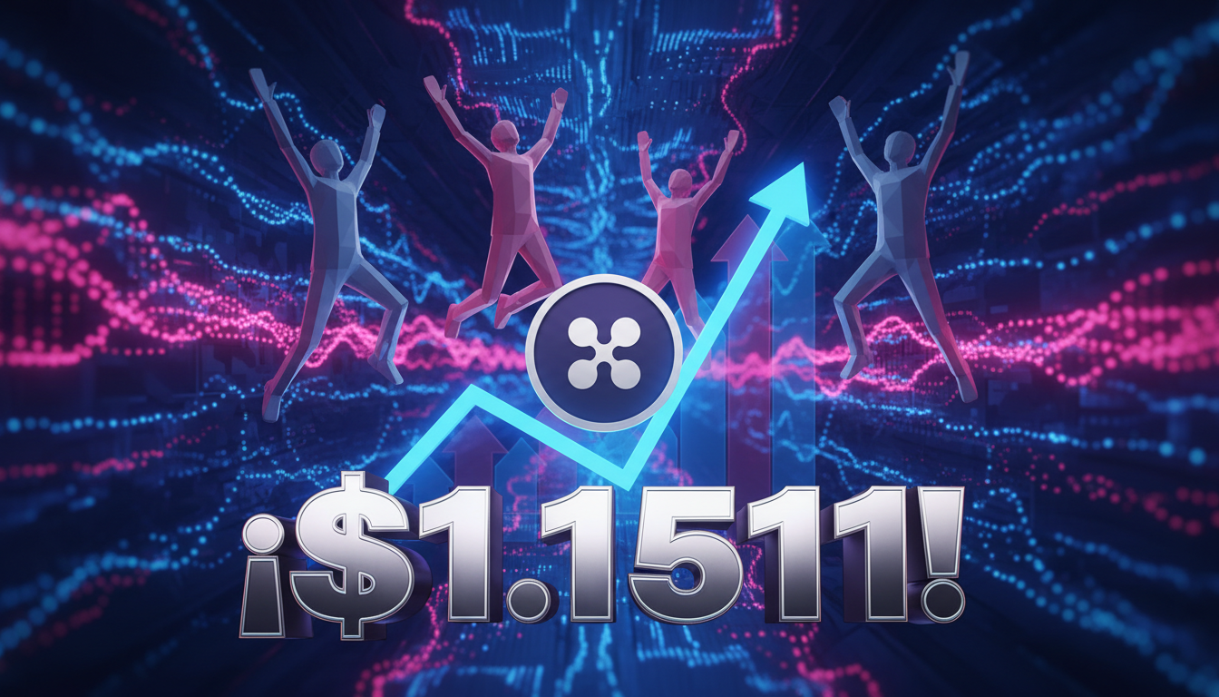 Personas 3D celebrando el aumento de XRP en fondo dinámico con gráficos ascendentes.