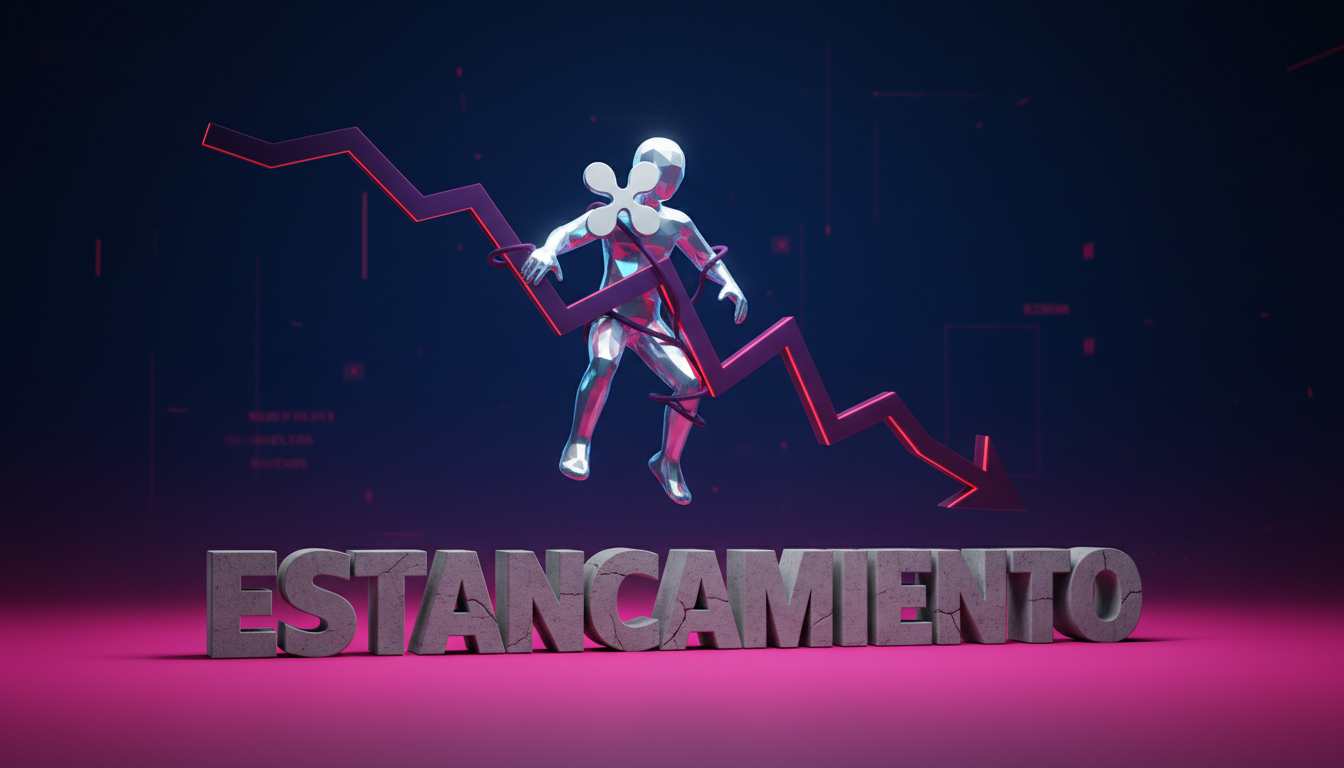 Gráfico descendente de XRP con fondo dramático en azul y fucsia.