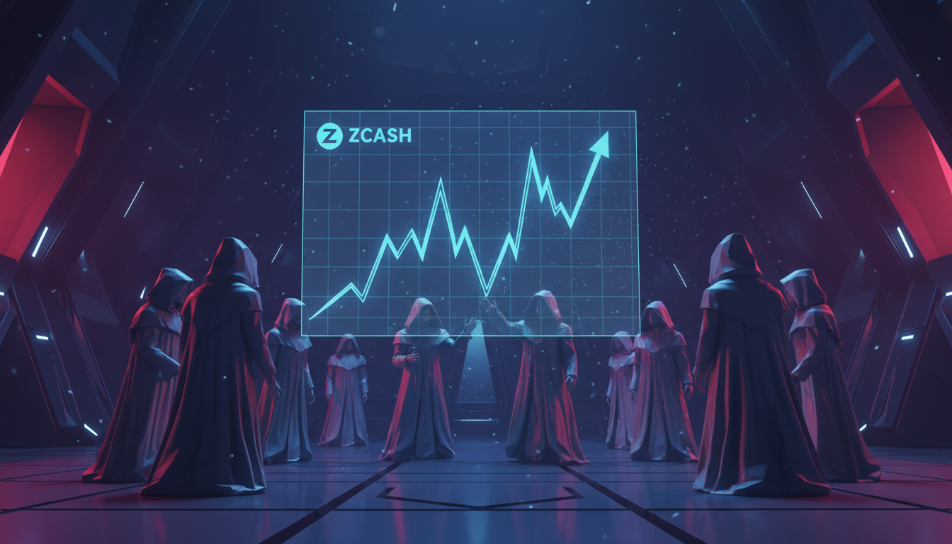 Personajes 3D observando gráfico de Zcash en recuperación tras la actualización Ironwood.