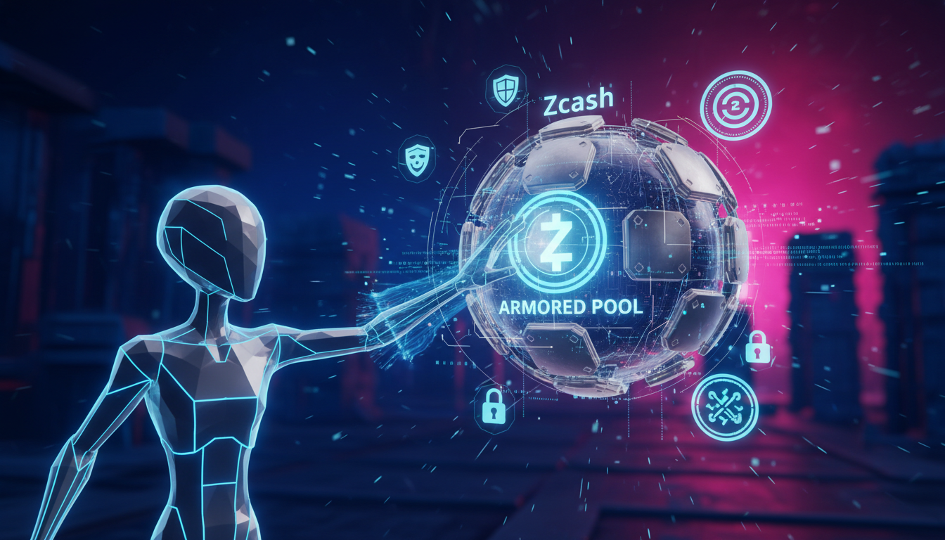 Personaje 3D interactuando con pool blindado de Zcash en fondo azul profundo y fucsia.