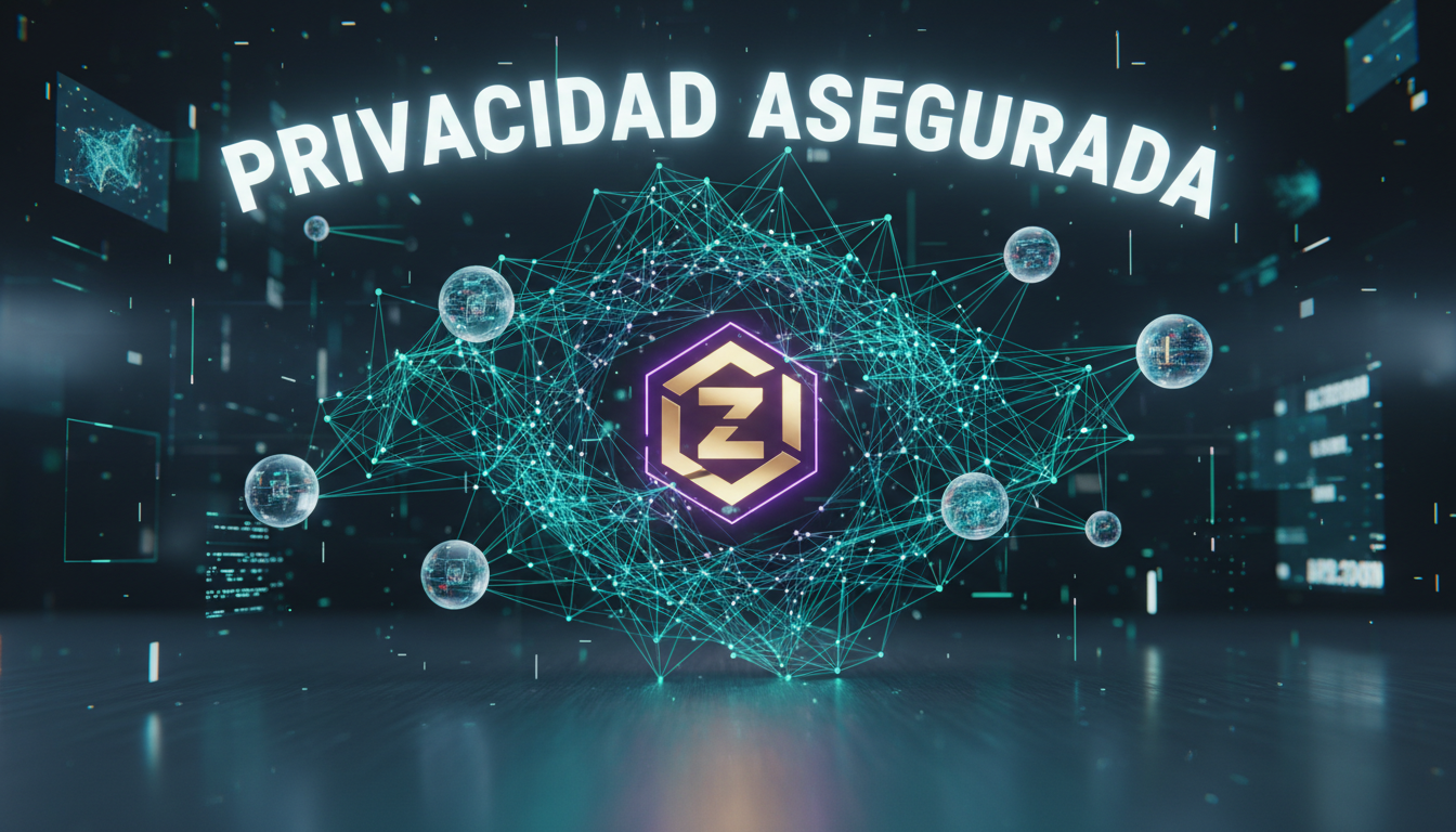 Gráfico 3D de usuarios interactuando con Zcash en un entorno digital de privacidad.