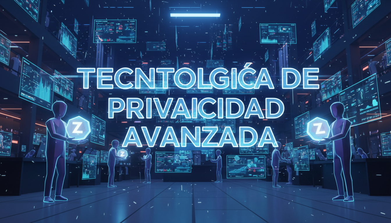 Intercambio 3D de criptomonedas con personajes estilizados usando Zcash en un ambiente tecnológico.