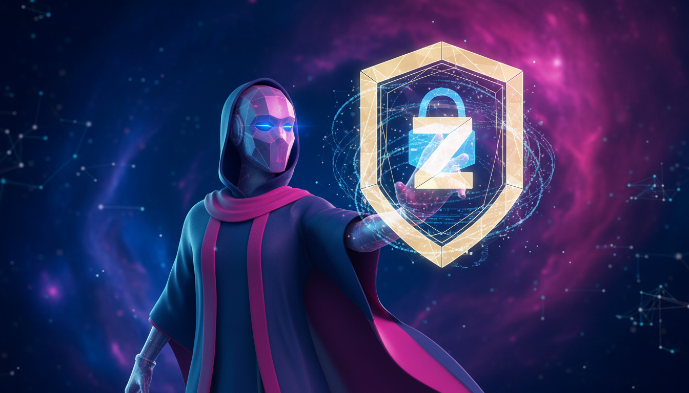 Personaje estilizado 3D analizando el gráfico de Zcash en un fondo dinámico.