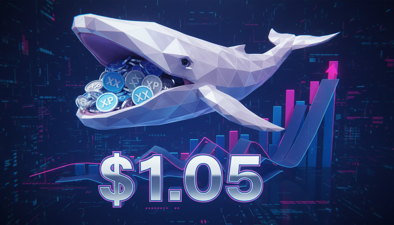 Ballena 3D acumulando XRP sobre gráfico de precios en fondo azul y fucsia.