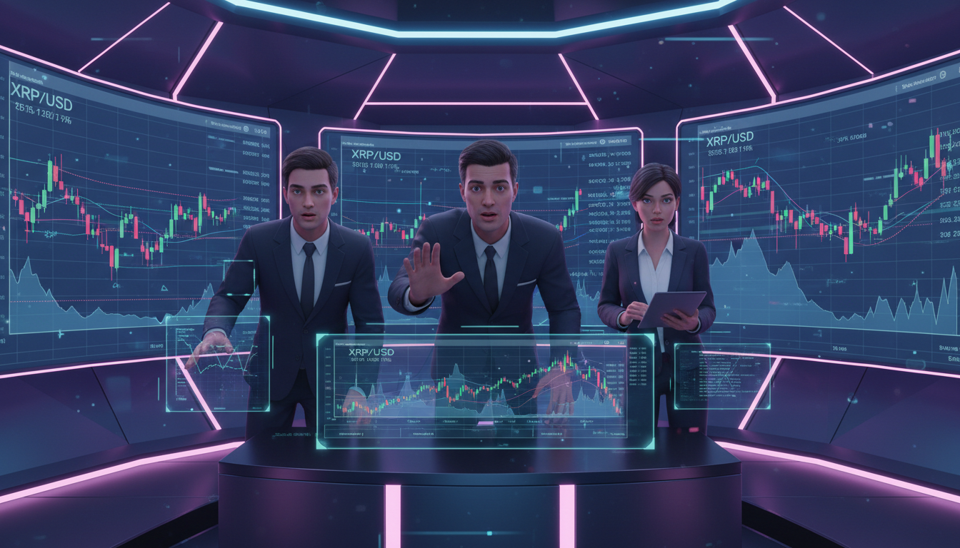 Traders 3D observando gráficos de XRP con emociones de expectativa en fondo colorido.