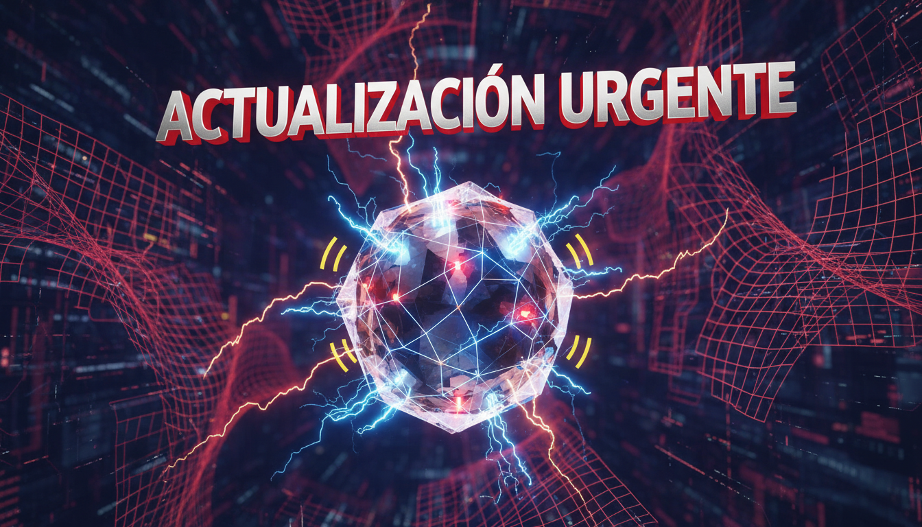 Nodo Lightning 3D con alertas, simbolizando la urgencia de la actualización de software.