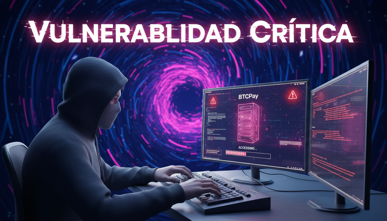 Hacker 3D intentando acceder a un servidor de BTCPay sobre fondo azul.