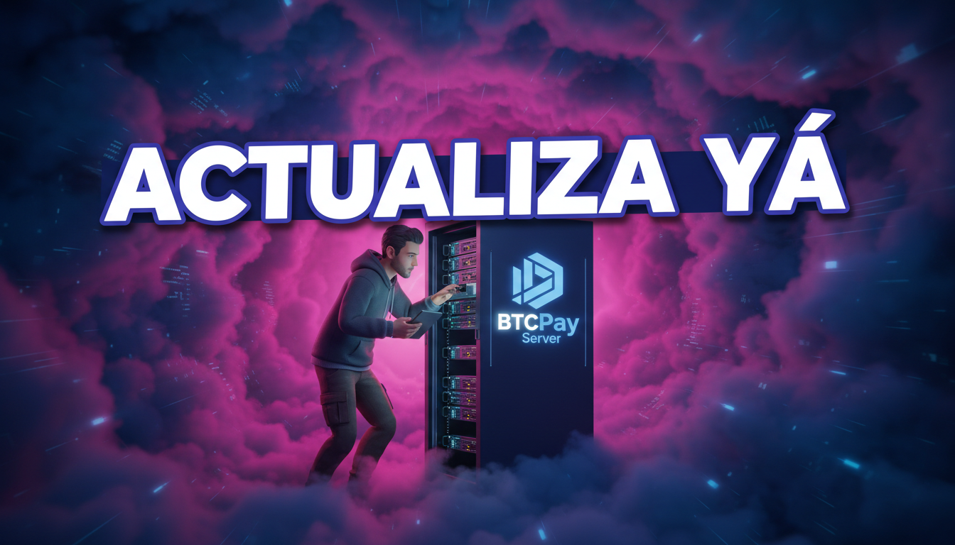 Administrador 3D actualizando un servidor de BTCPay mientras protege sus activos sobre fondo fucsia.